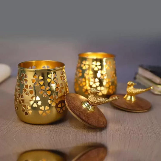 Beautiful Gold Iron Tealight Holder Home, Office, Living Room (Gold, Pack of 2) - Connects Cart