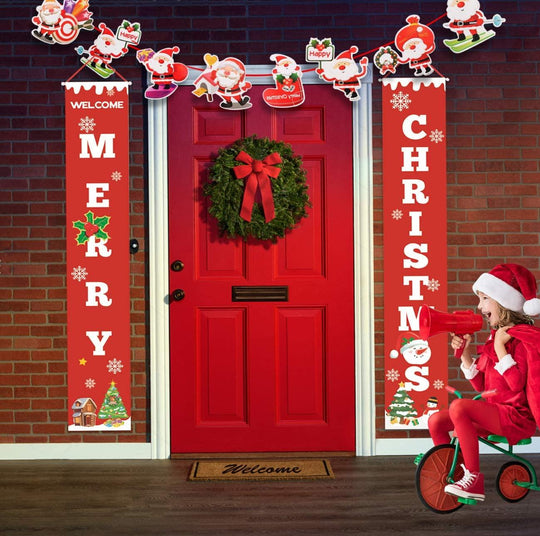 Merry Christmas Banners, Christmas Bright Red Xmas Porch Sign Hanging for Home Wall Door(Red-Christmas Banner) - Connects Cart