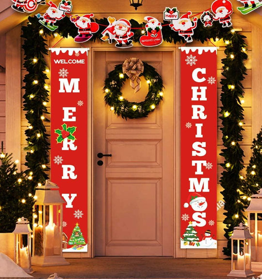 Merry Christmas Banners, Christmas Bright Red Xmas Porch Sign Hanging for Home Wall Door(Red-Christmas Banner) - Connects Cart