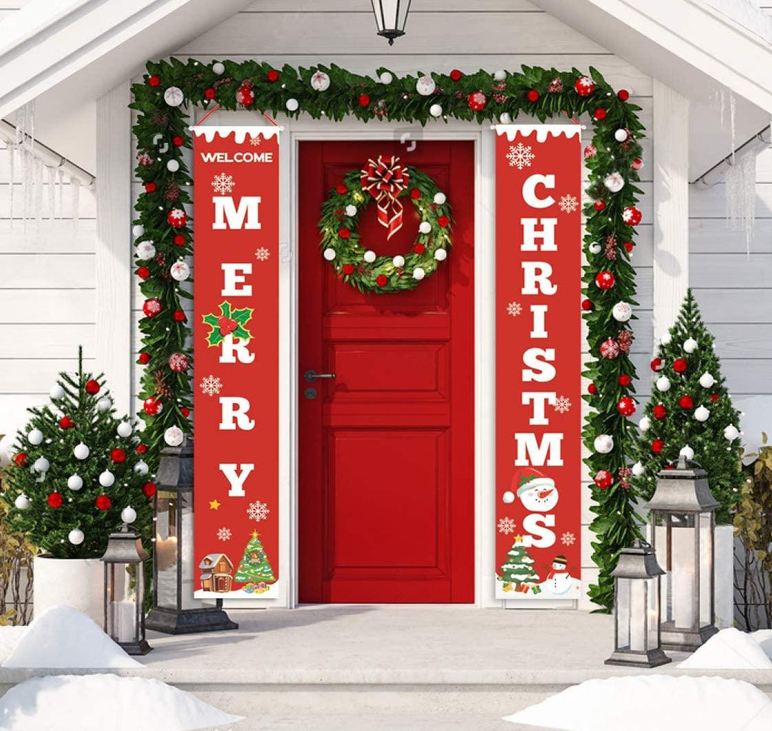 Merry Christmas Banners, Christmas Bright Red Xmas Porch Sign Hanging for Home Wall Door(Red-Christmas Banner) - Connects Cart