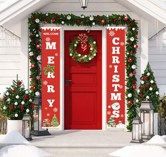 Merry Christmas Banners, Christmas Bright Red Xmas Porch Sign Hanging for Home Wall Door(Red-Christmas Banner) - Connects Cart