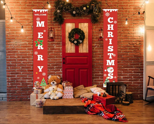 Merry Christmas Banners, Christmas Bright Red Xmas Porch Sign Hanging for Home Wall Door(Red-Christmas Banner) - Connects Cart