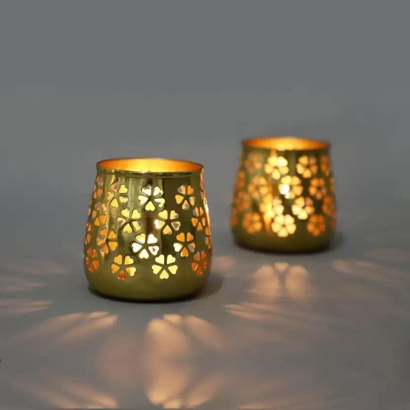 Beautiful Gold Iron Tealight Holder Home, Office, Living Room (Gold, Pack of 2) - Connects Cart